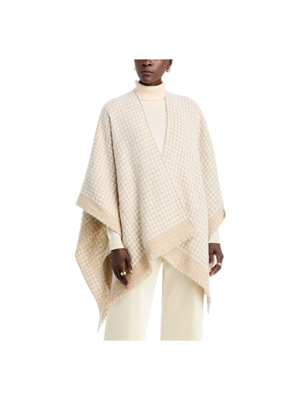 NWT Aqua Fuzzy Fringe Houndstooth Ruana 061276 Oat Brown / Ivory Off White